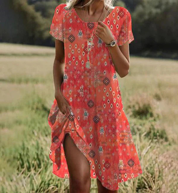 Aria Midi Dress Women – Orange Dress with Short Sleeves, Round Neck & Elegant Comfort