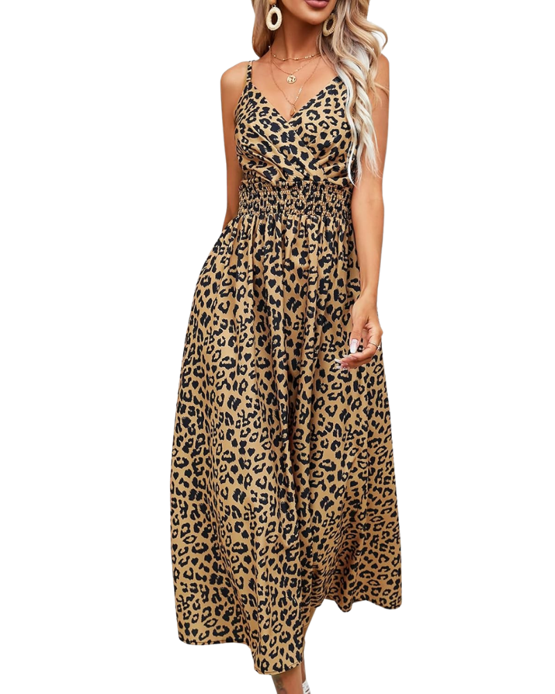 Carmie Dámska Maxi Leopardia Šaty – Ramienka, Odhalený Chrbát, Výstrih do V, Letný Strih A-línia