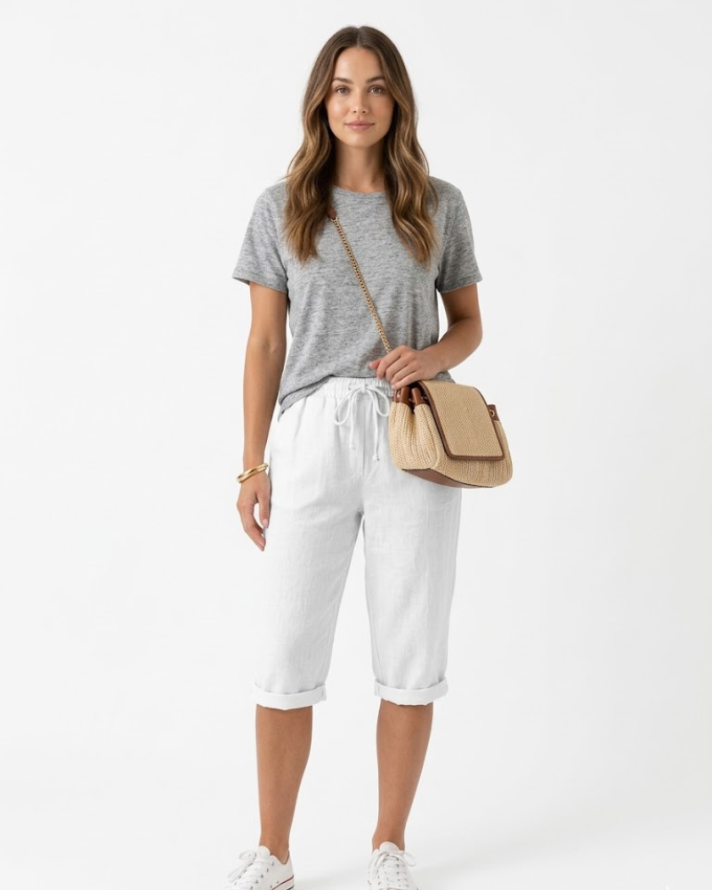 Serena Pantalon Femme Coton Lin – Coupe Décontractée & Taille Élastique Respirante