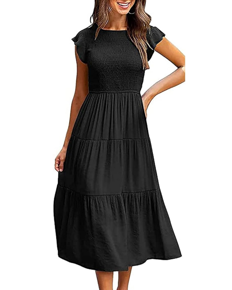 Vestido Midi Greta para Mulher – Decote Redondo, Mangas com Folhos e Cintura Elástica em A para Verão