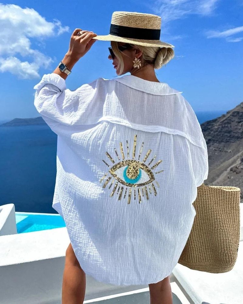 Camisa Oversize Feminina Gelli – Bordado de Olho em Lantejoulas e Tecido Leve Respirável