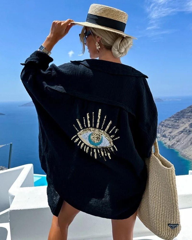 Camisa Oversize Feminina Gelli – Bordado de Olho em Lantejoulas e Tecido Leve Respirável