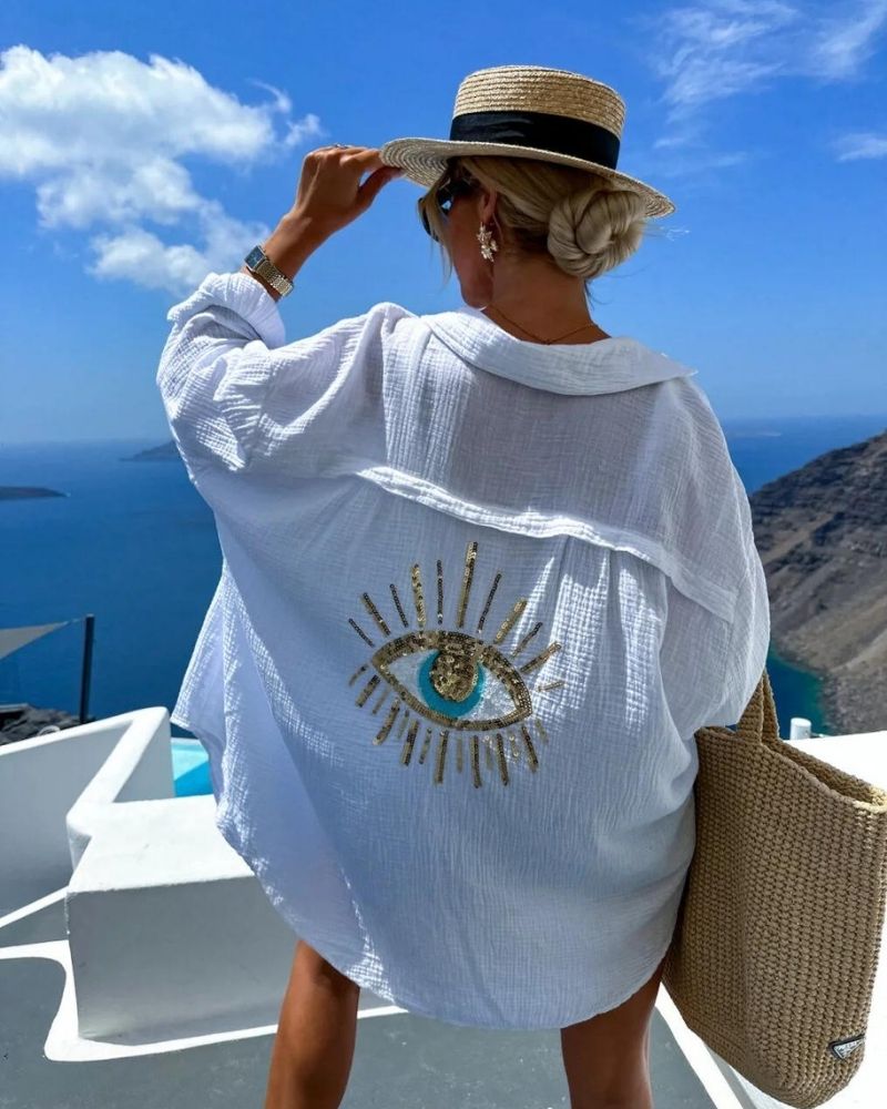 Camisa Oversize Feminina Gelli – Bordado de Olho em Lantejoulas e Tecido Leve Respirável