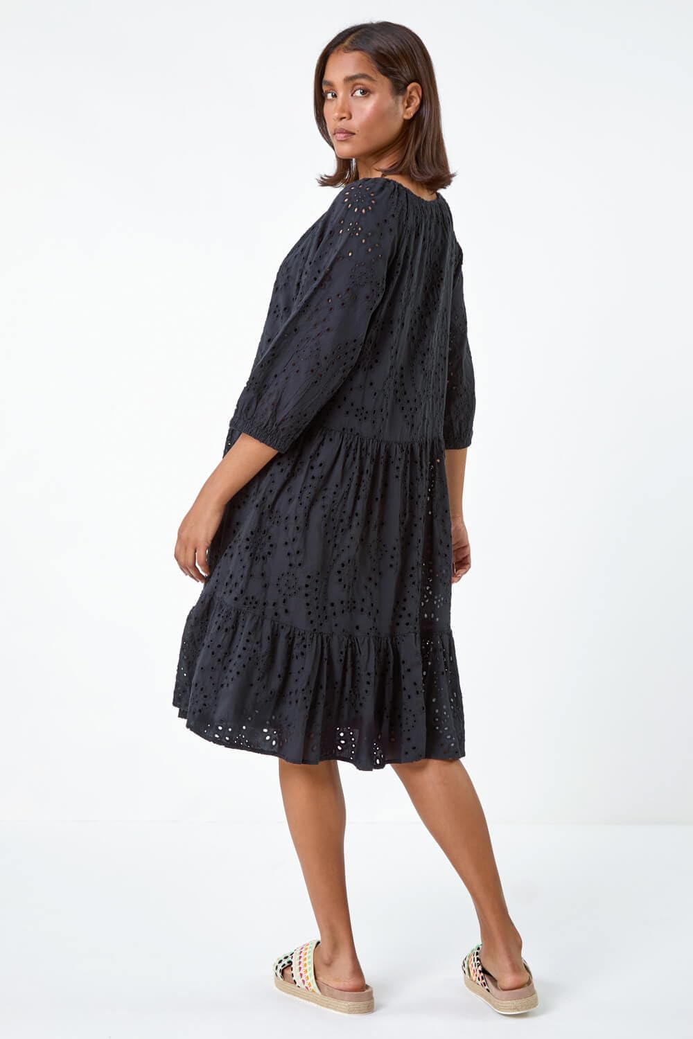 Lina Midi Dress for Women – Embroidered Dress with Ruffles, V-Neck, Cotton, Elegant Summer Dress