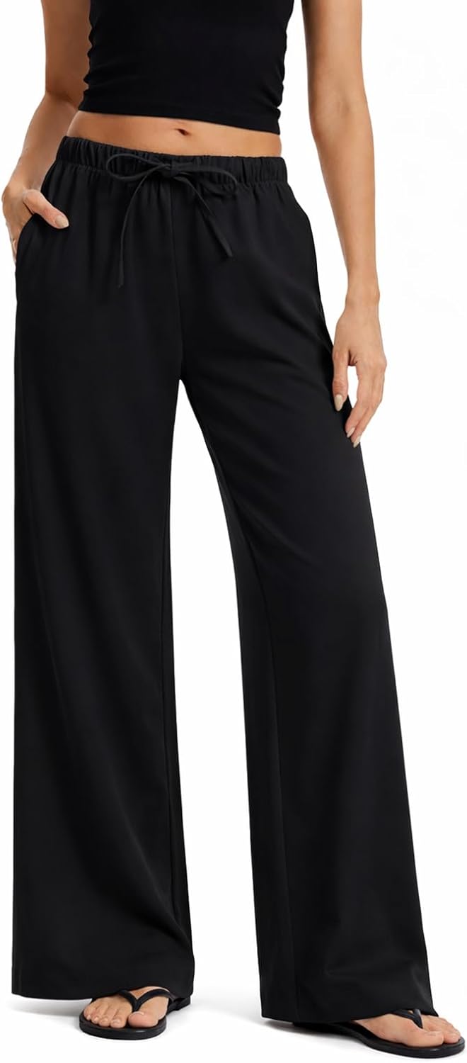 Clyde Pantalón Mujer – Pantalón Ancho de Cintura Alta en Crepé Sin Pliegues y con Bolsillos