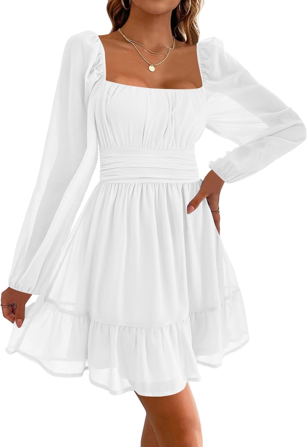 Lina Robe Femme Mini – Col Carré/Épaules Dénudées, Manches Bouffantes, Taille Haute