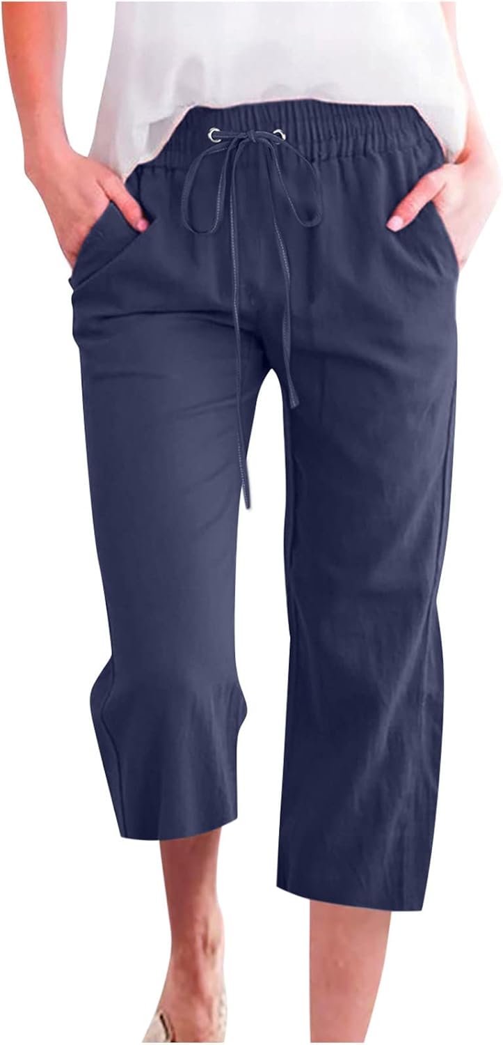 Vinia Pantalone Donna Capri Lino – Taglio Largo, Vita Elastica, Leggero Estate Chic