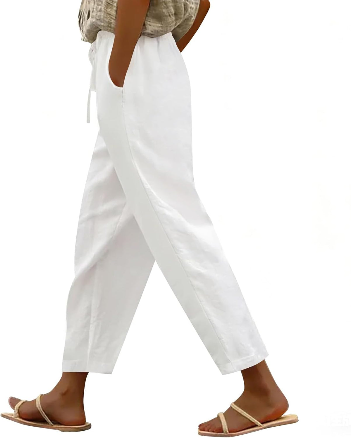 Merry Pantalón Mujer Lino Algodón – Capri Ligero, Cintura Elástica, Verano Casual