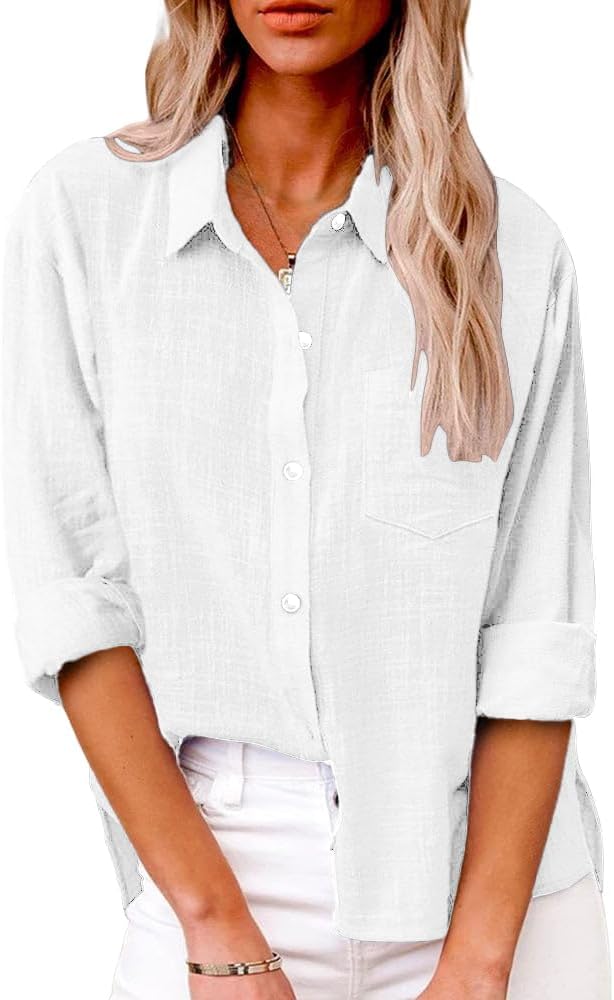 Laura Camicia Donna Cotone – Scollo a V, Maniche Lunghe, Taglio Ampio con Bottoni Estate