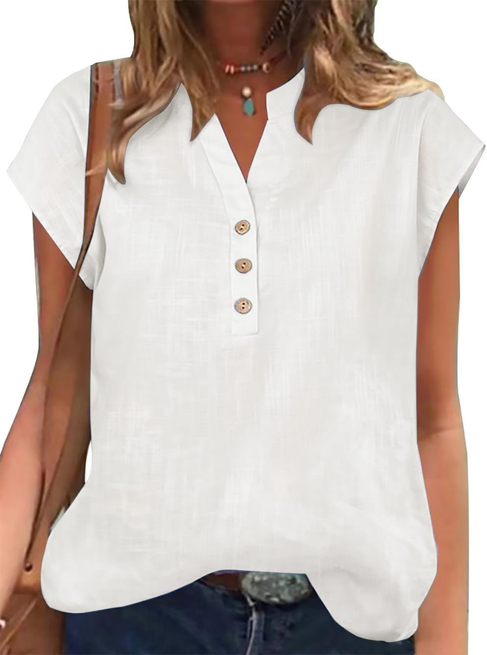 Blusa Emma Mulher – Top Algodão Linho Decote V Mangas Curtas Túnica Verão Chic