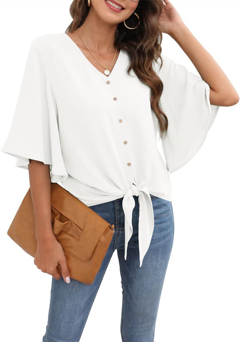 Léonie Women's Blouse – V-Neck Top with Flared 3/4 Sleeves and Elegant Bow