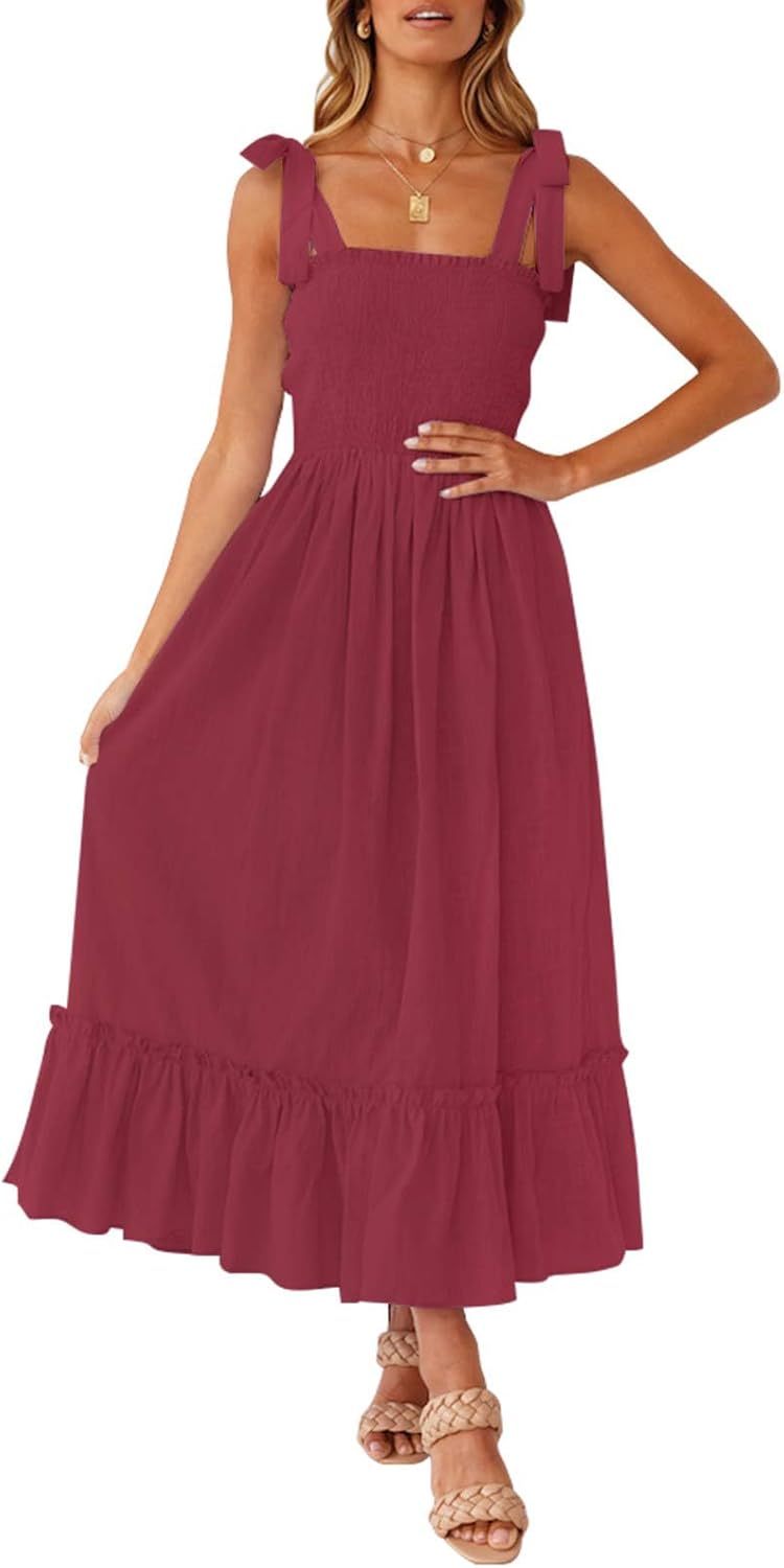 Vestido Maxi Bohemio para Mujer Léa – Vestido Largo con Tirantes, Escote Cuadrado, Volantes, Verano Elegante