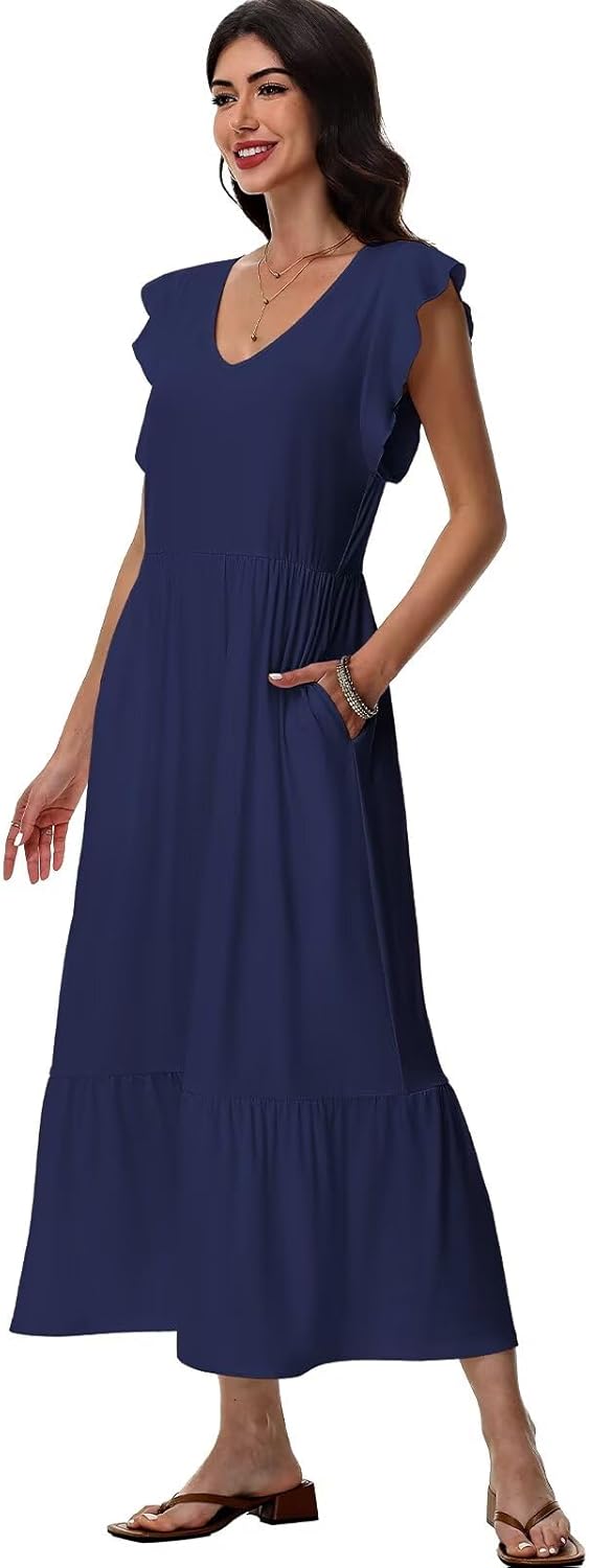 Elena Robe Femme – Robe Midi Fleurie Col V Coupe Fluide Avec Poches Été