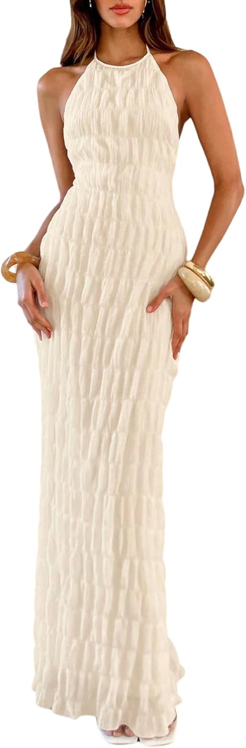 Eva Maxi-kjole til kvinder – Elegant bodycon halterneck-kjole med åben ryg i Old Money-stil