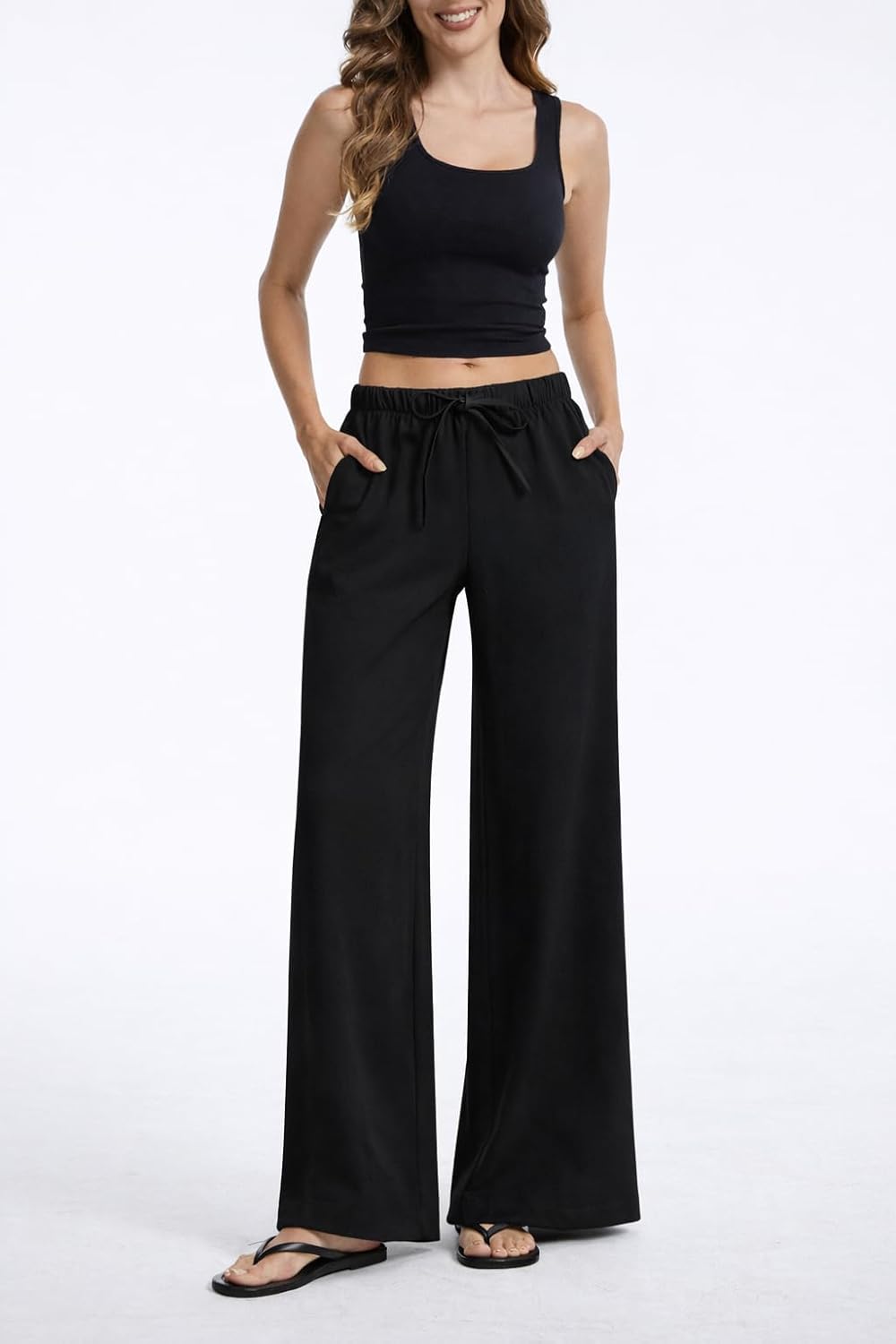 Clyde Pantalón Mujer – Pantalón Ancho de Cintura Alta en Crepé Sin Pliegues y con Bolsillos