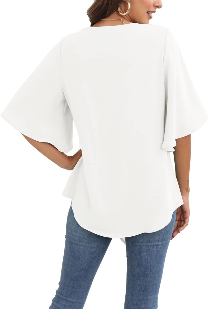 Blusa Léonie Donna – Top con Scollo a V Maniche 3/4 Svasate Nodo Elegante