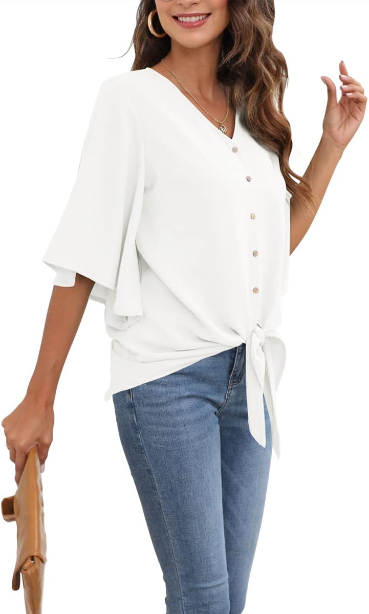 Léonie Women's Blouse – V-Neck Top with Flared 3/4 Sleeves and Elegant Bow