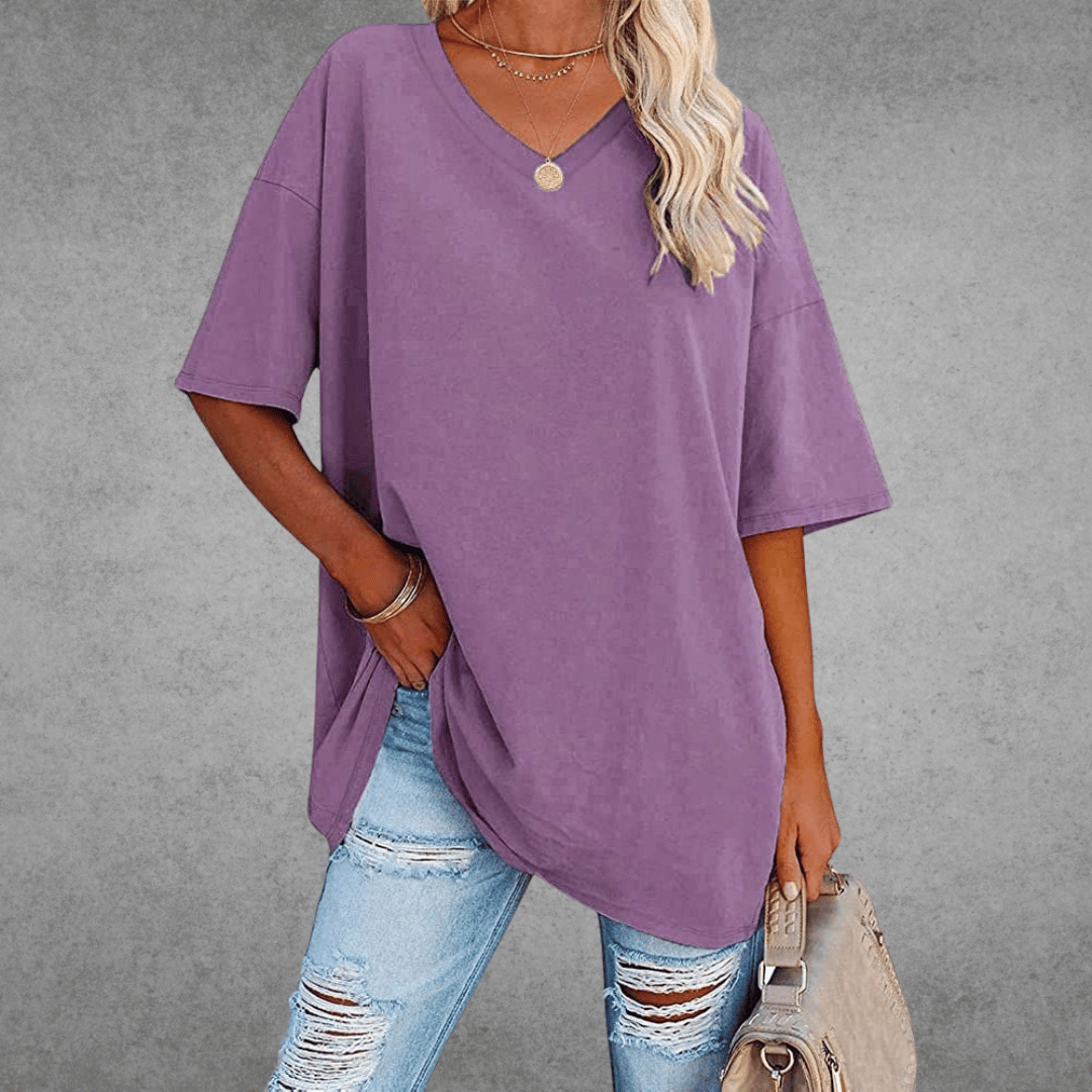 Ninon T-shirt Oversize Femme – Design confortable à col en V & tissu léger et respirant