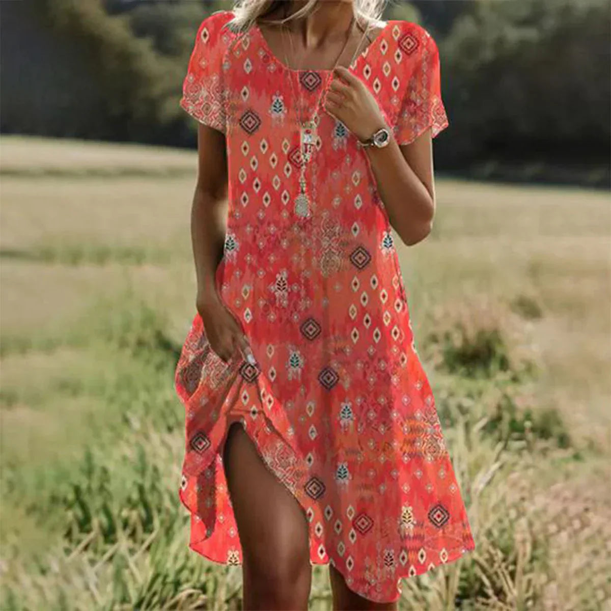 Aria Midi Dress Women – Orange Dress with Short Sleeves, Round Neck & Elegant Comfort
