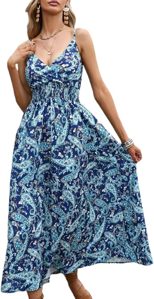 Éléonore Robe Longue Fleurie Femme – Robe d’Été à Bretelles Fines Col V Taille Haute