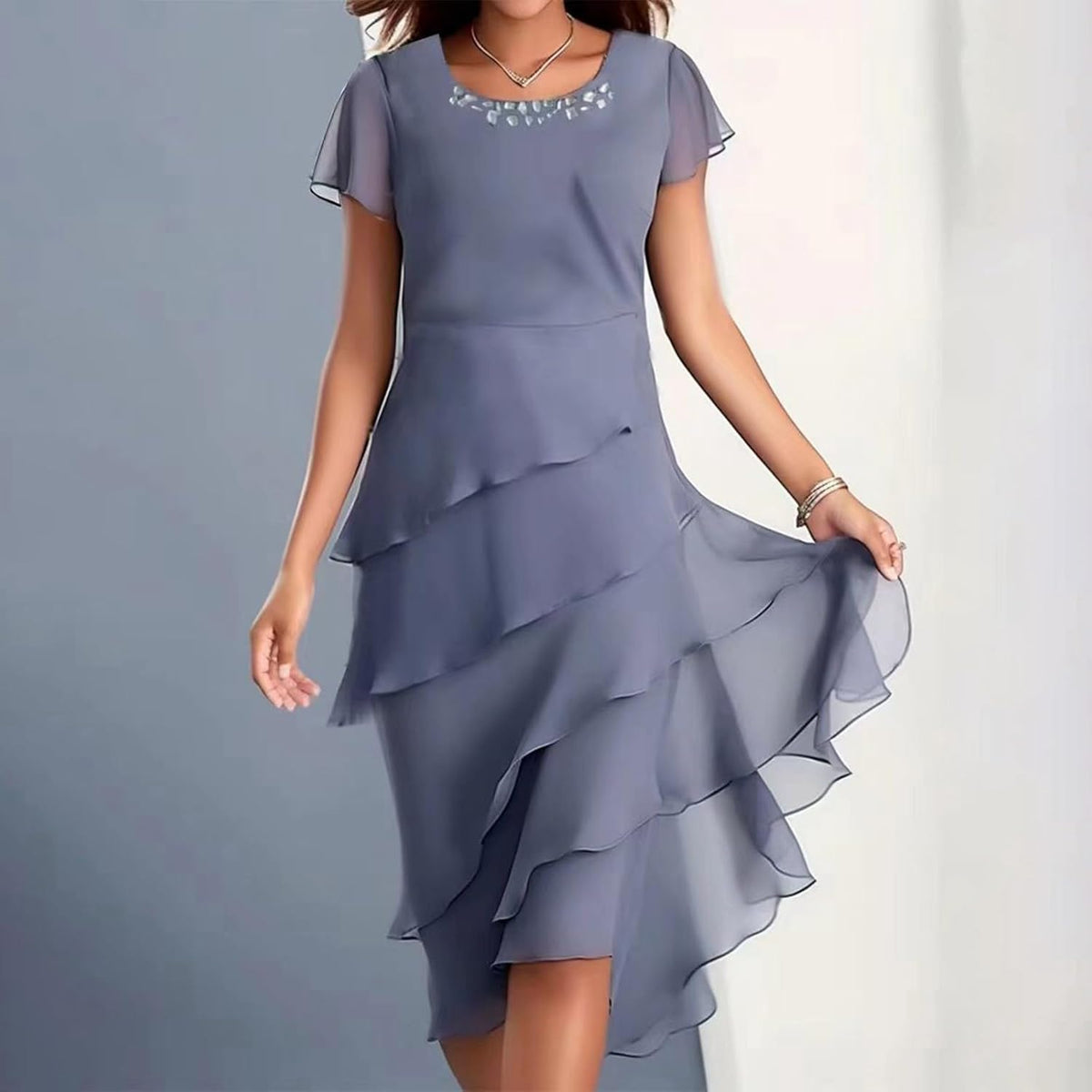 Sophia Robe Femme – Robe Chiffon Fluide Manches Courtes Coupe Élégante Été