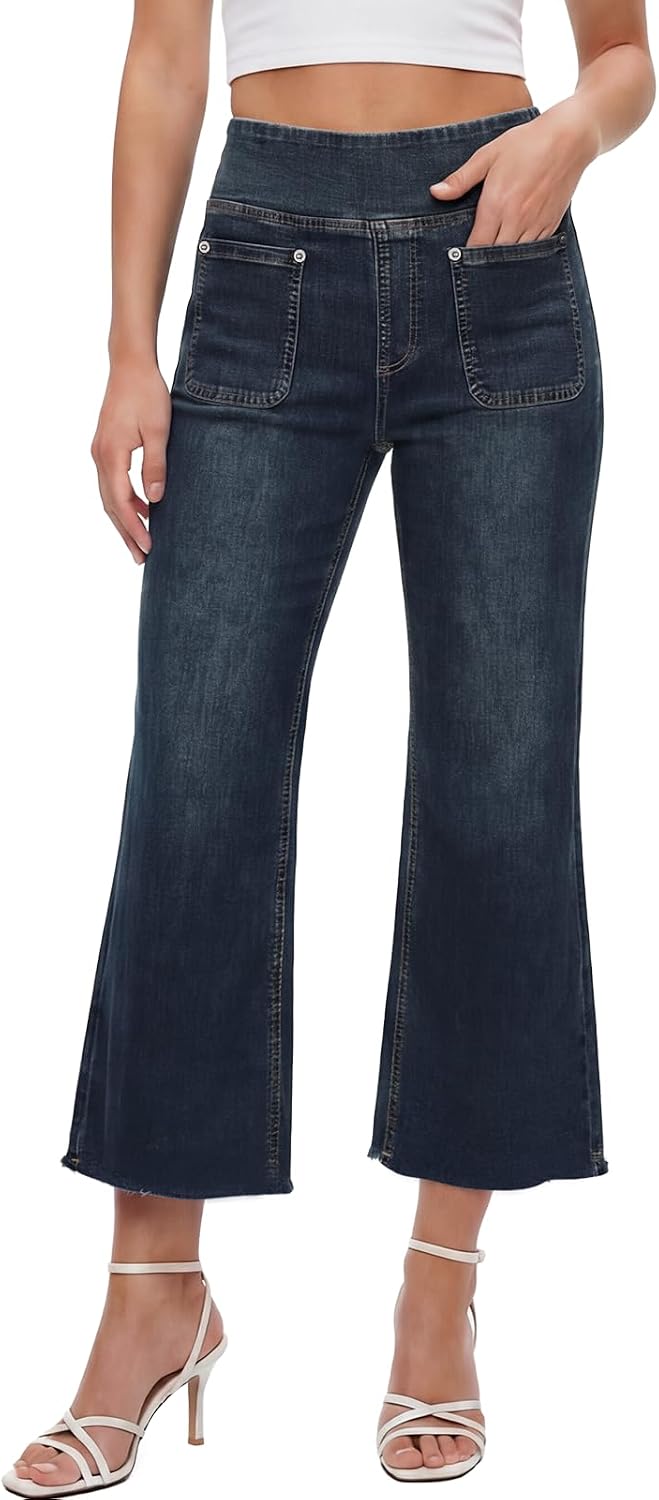 Elvire Jean Flare Femme – Ženske rastezljive traperice visokog struka, trapezastog kroja, duljine 26" s džepovima