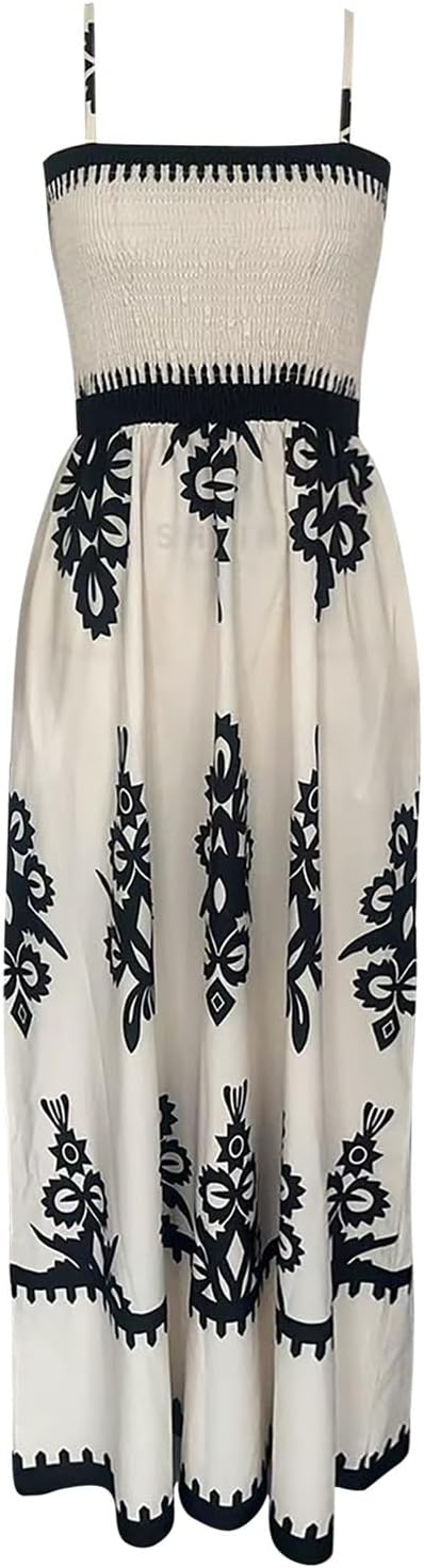 Amélie Abito Donna – Abito Maxi Bohemien Arricciato Collo Quadrato Senza Maniche Stampato Estate