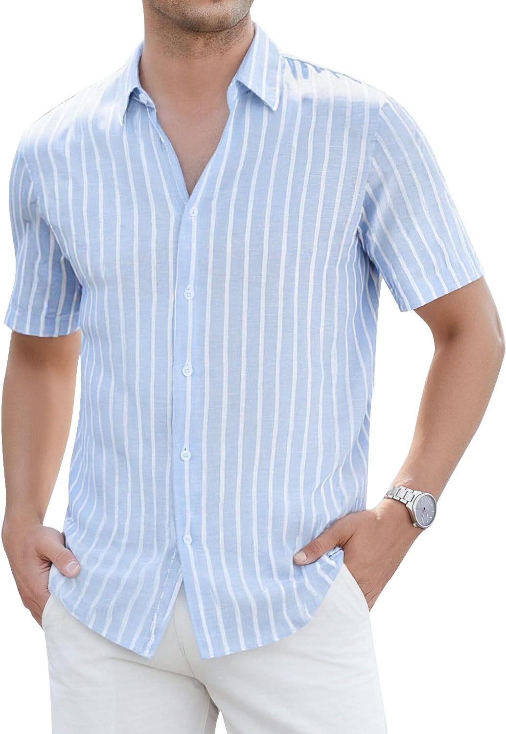 Marco Chemise Homme – Chemise Lin Rayée Manches Courtes, Style Été Casual Chic