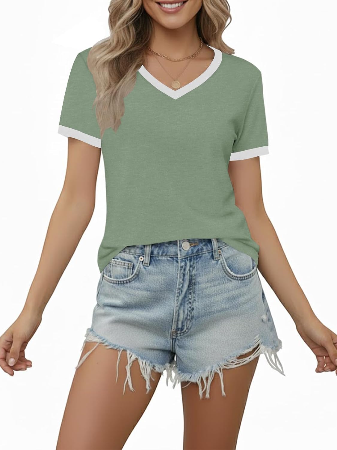 Camiseta Camry para mujer con cuello en V – Manga corta, corte amplio, elástica, ligera, verano