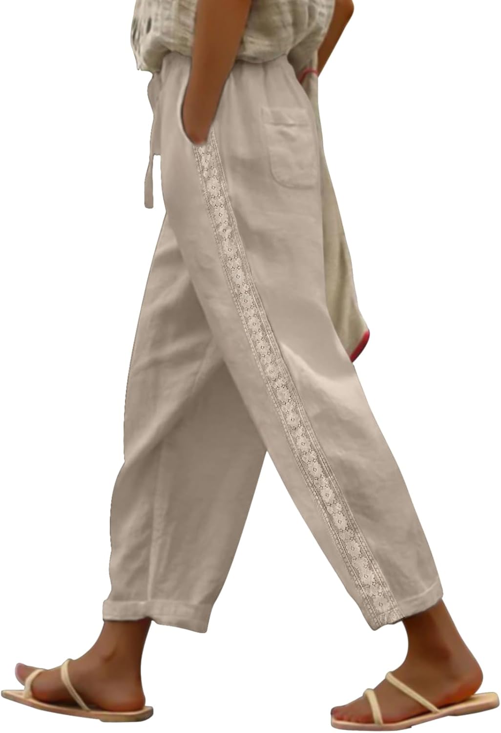 Ysabel Pantalón Mujer Lino Capri – Encaje, Corte Amplio, Cintura Elástica Verano Chic