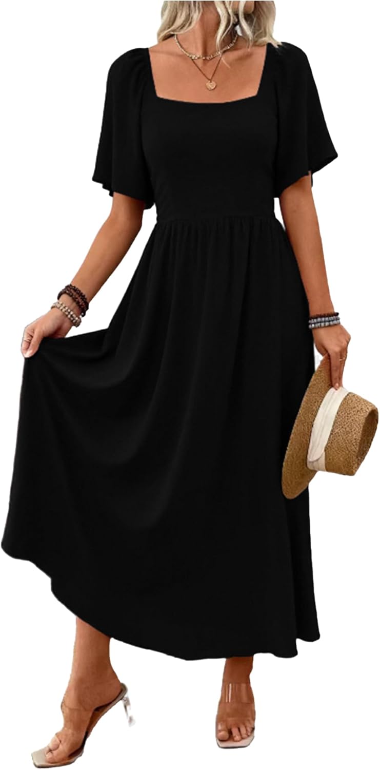 Vestido largo para mujer Patricia – Cuello cuadrado, corte línea A fluido, mangas murciélago verano