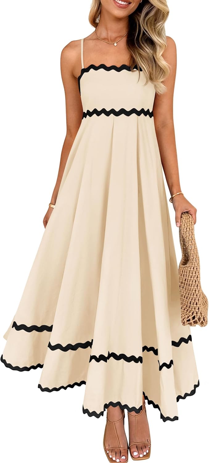 Vestito Midi da Donna Ella – Vestito con Schiena Scoperta, Spalline Sottili, Scollo Arricciato, Fluido, Estivo ed Elegante