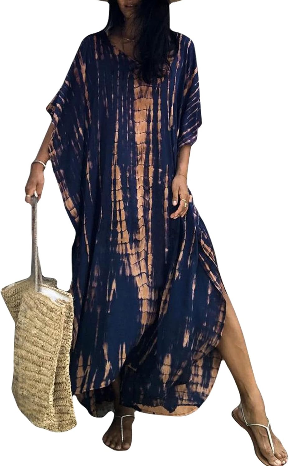 Zéliane – dlouhý dámský bohémský květovaný kaftan, maxi plážové šaty s výstřihem do V a netopýřími rukávy
