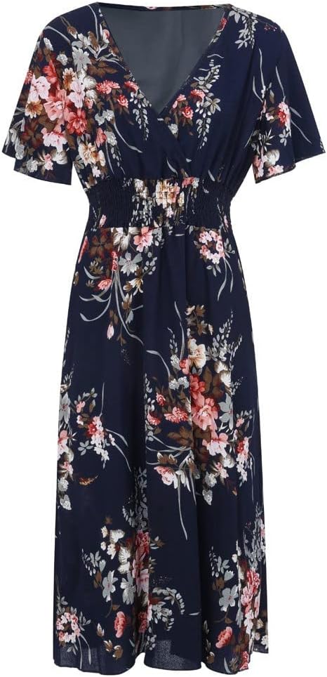 Élise haljina za žene – midi haljina s cvjetnim uzorkom, V-izrezom, A-kroja, od laganog lanenog pamuka, elegantna za ljeto