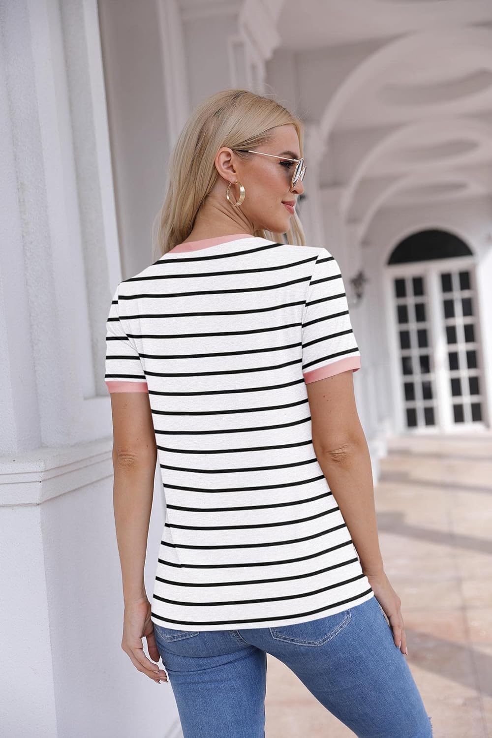 Γυναικείο T-Shirt Belen Ριγέ – Στρογγυλή Λαιμόκοψη, Κοντά Μανίκια, Χαλαρή Casual Γραμμή Καλοκαίρι