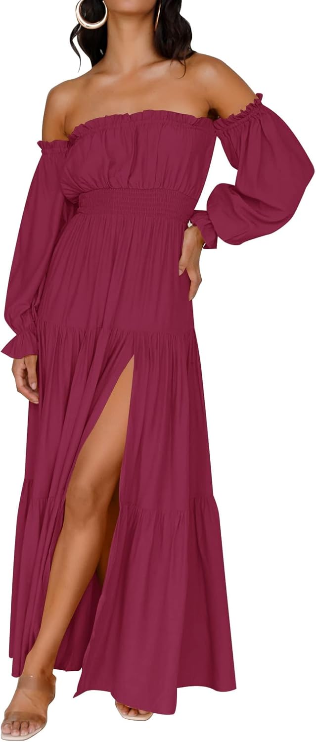 Sophie Maxikleid Damen – Boho-Kleid mit schulterfreiem Schnitt, Schlitz und geraffter Taille