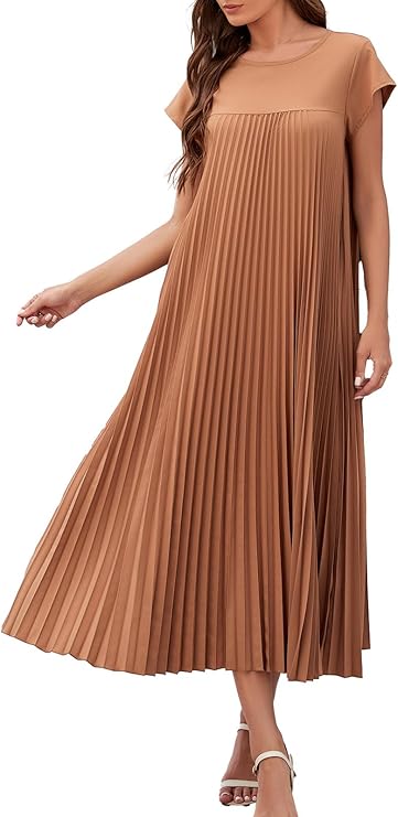 Vestaglia Lunga Donna Ginny – Plissettata, Collo Tondo & Tasche, Taglio Fluido, Estate Elegante