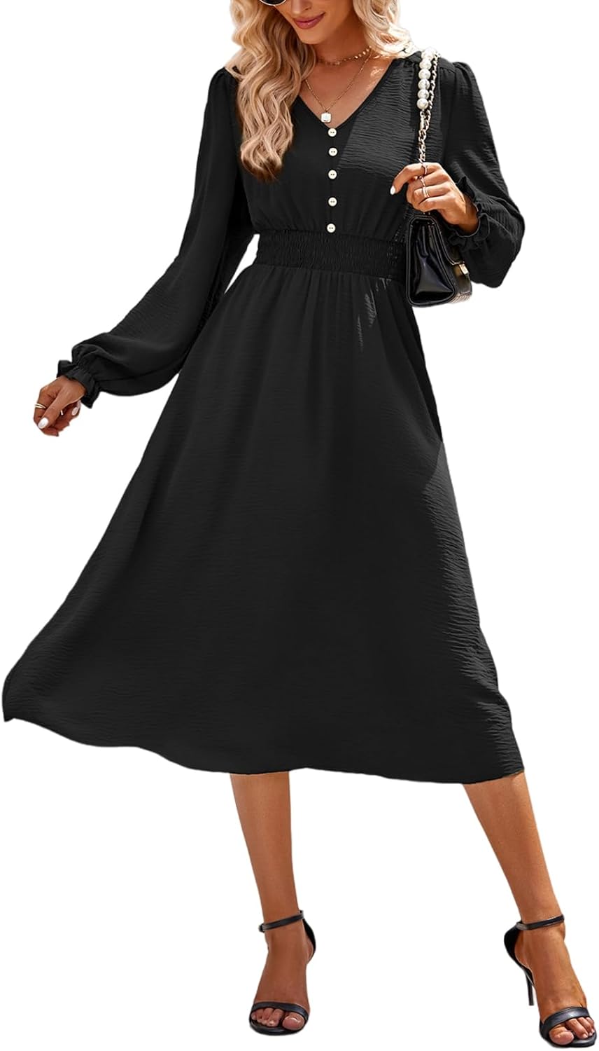 Vestido Midi Feminino Emma – Vestido com Decote em V, Mangas Compridas, Cintura Alta, Corte A-Line Elegante