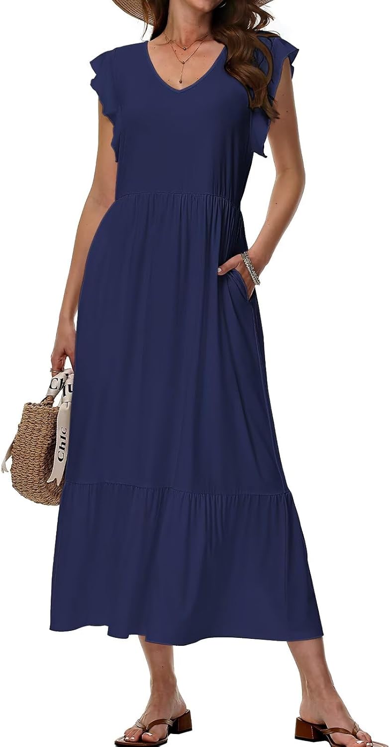 Elena Robe Femme – Robe Midi Fleurie Col V Coupe Fluide Avec Poches Été