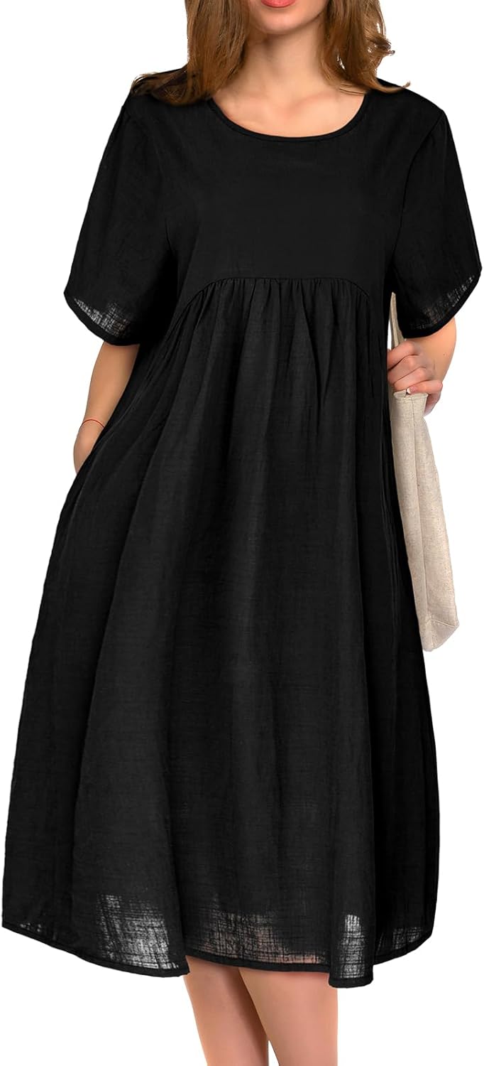 Vestido Midi Sophie Mulher – Vestido Algodão Tamanho Grande Decote Redondo com Bolsos Verão