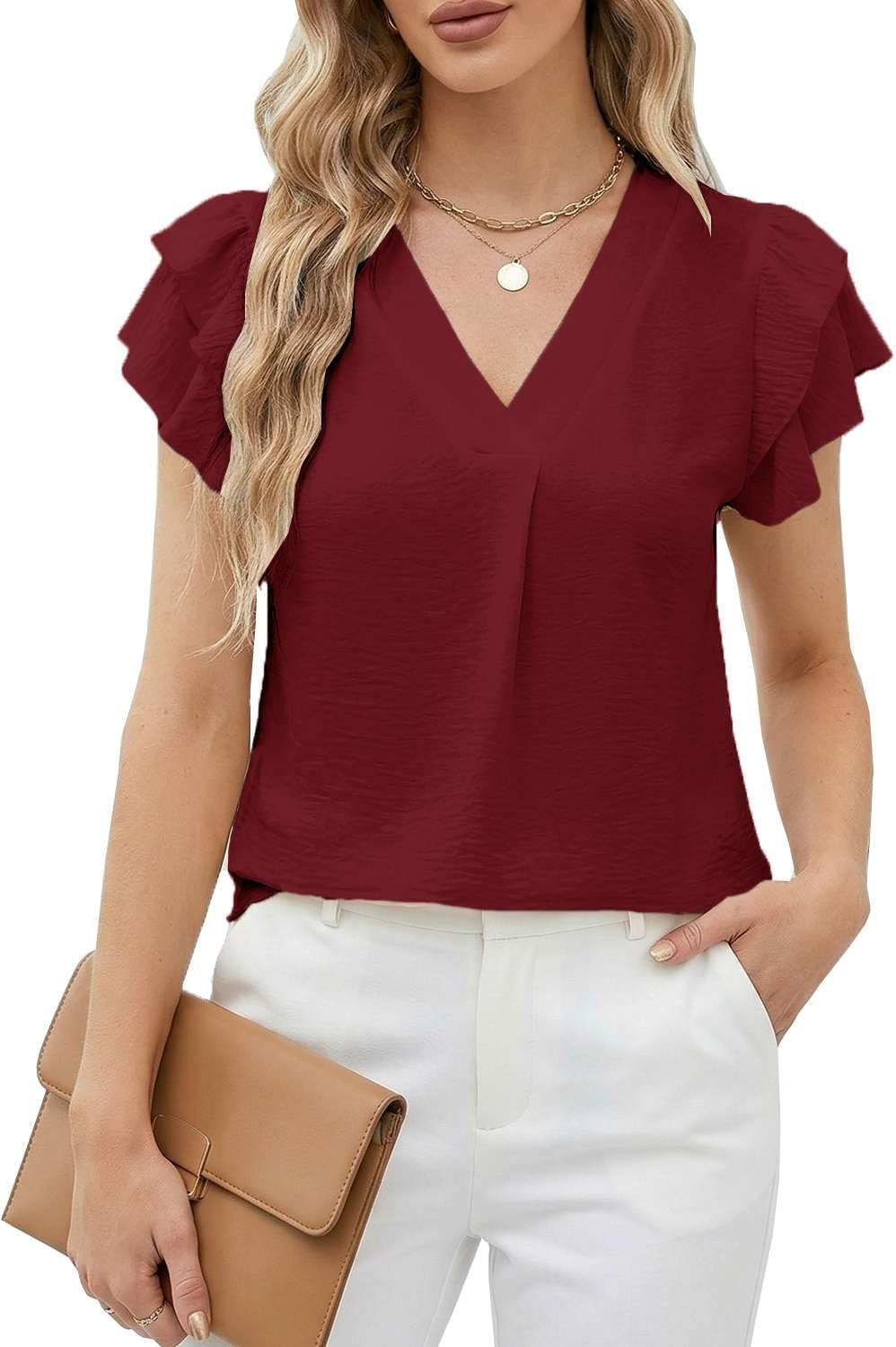 Camille Blouse Women – Elegant High Neck Ruffles Short Sleeves Chic Summer Top