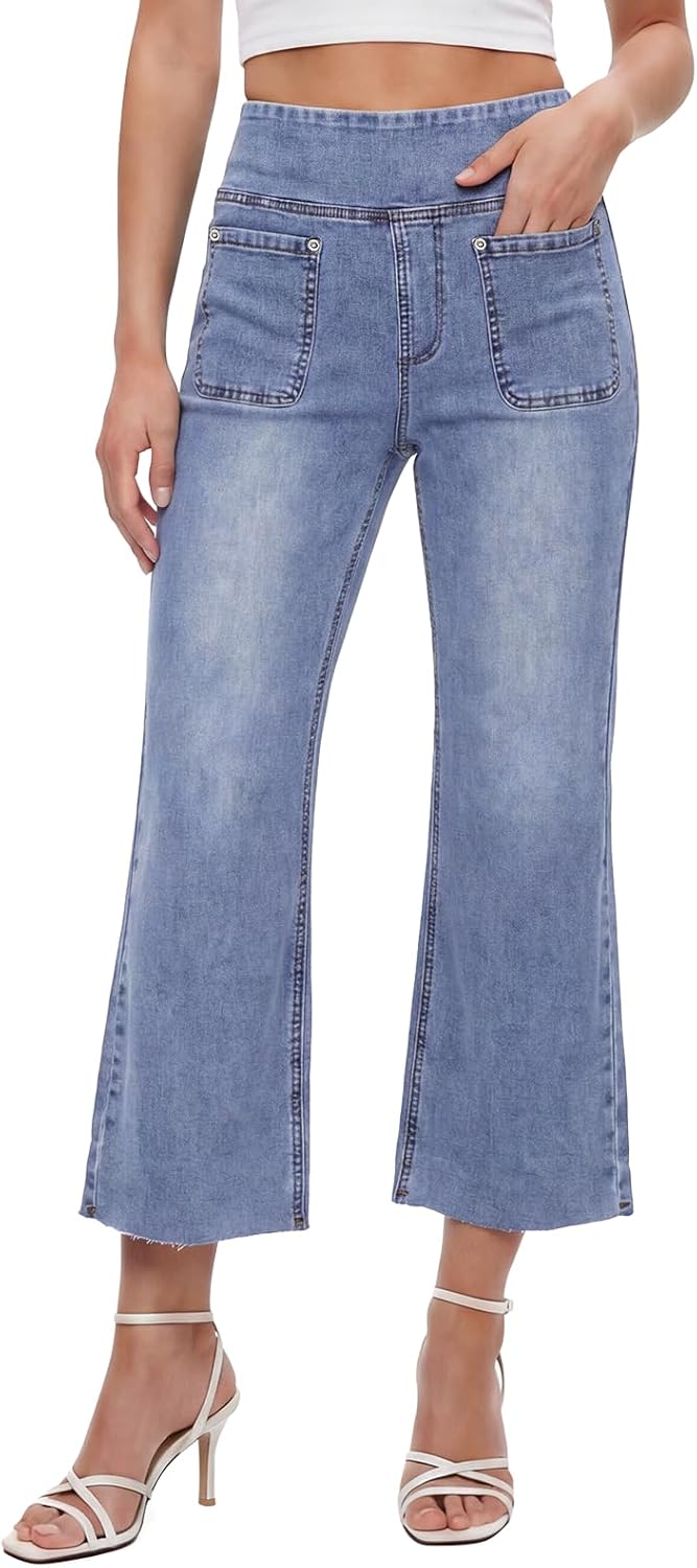 Elvire Jean Flare Femme – Ženske rastezljive traperice visokog struka, trapezastog kroja, duljine 26" s džepovima