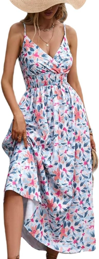 Éléonore Robe Longue Fleurie Femme – Robe d’Été à Bretelles Fines Col V Taille Haute