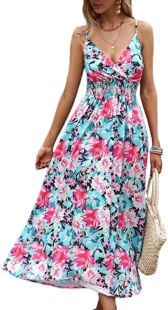 Éléonore Robe Longue Fleurie Femme – Robe d’Été à Bretelles Fines Col V Taille Haute