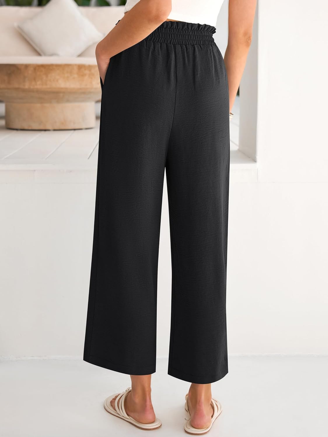 Calças Eva Mulher – Calças Palazzo Curtas Cintura Alta & Bolsos Verão