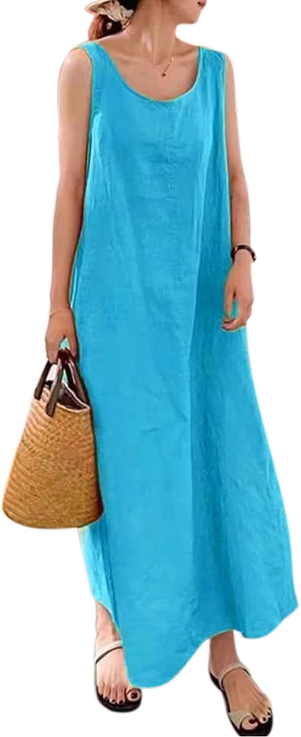 Elisa Abito Donna – Abito Maxi Cotone Senza Maniche Tasche Taglio Fluido Estate
