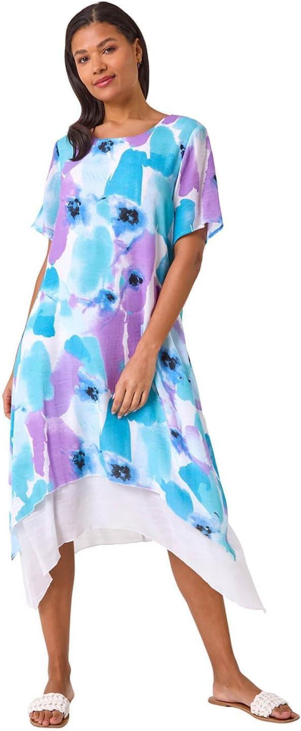 Noémie Vestido Recto Mujer – Vestido de Doble Velo con Estampado Abstracto Elegante para Verano