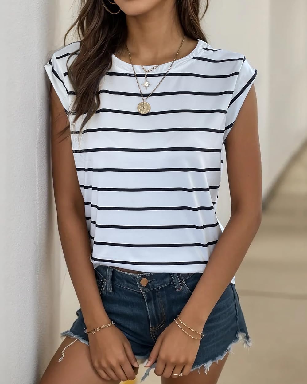 Emmary T-Shirt Damen Gestreift – Leichtes Top, Flügelärmel, Rundhals, Weiter Schnitt Sommer