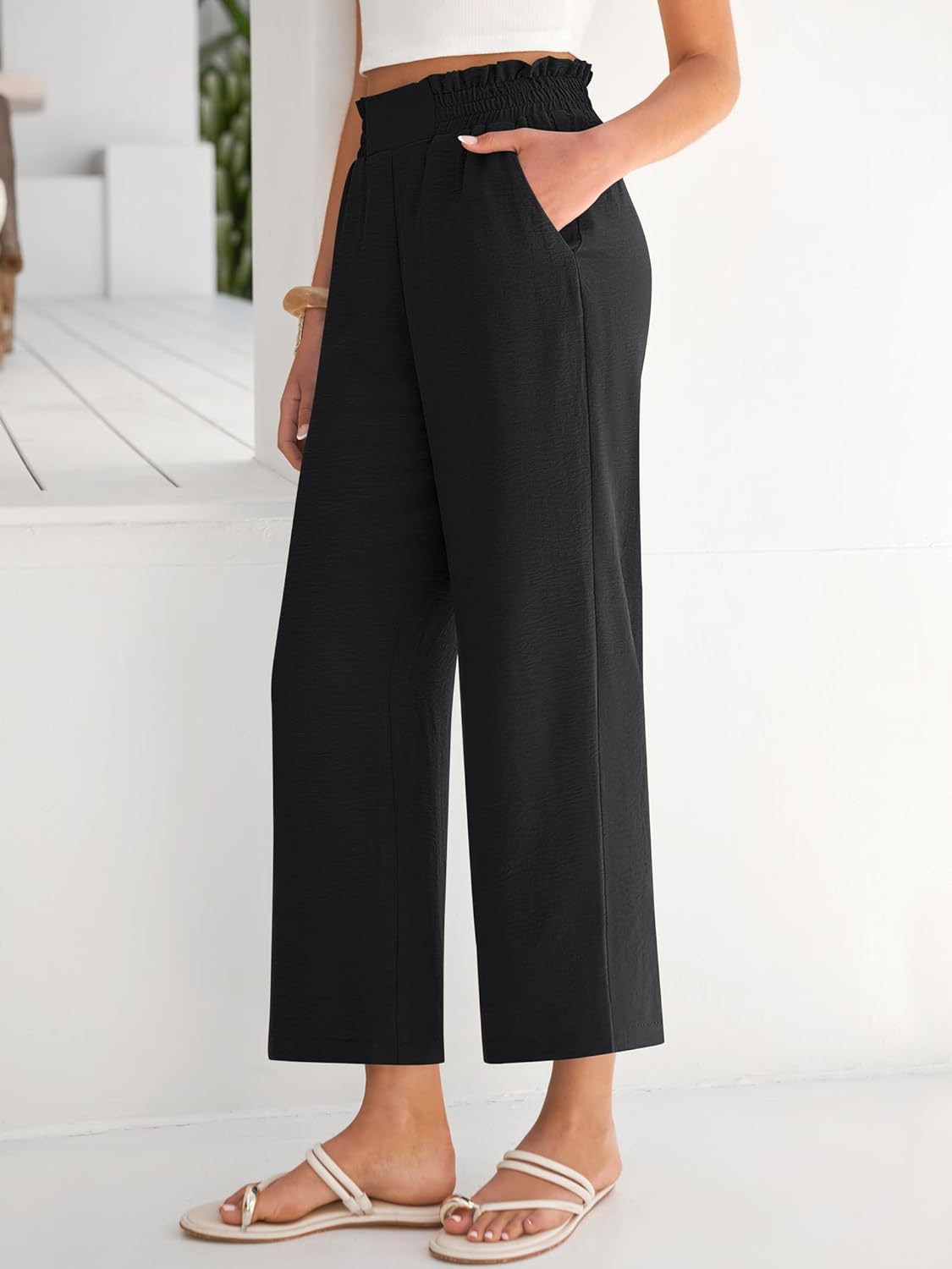 Calças Eva Mulher – Calças Palazzo Curtas Cintura Alta & Bolsos Verão