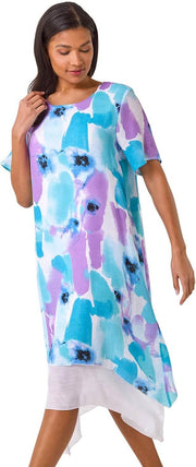 Noémie Vestido Recto Mujer – Vestido de Doble Velo con Estampado Abstracto Elegante para Verano